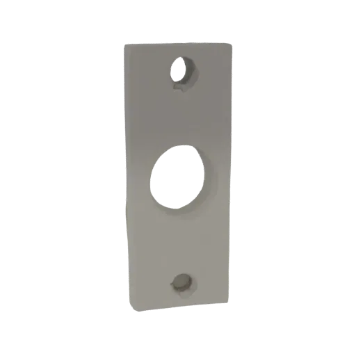 Render 3D de uma placa de parede retangular com um furo pequeno no topo e um furo maior no centro, contra um fundo preto.