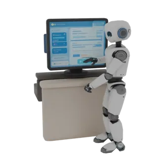3D model of a futuristic robot assistant standing by a monitor, pointing at the screen.