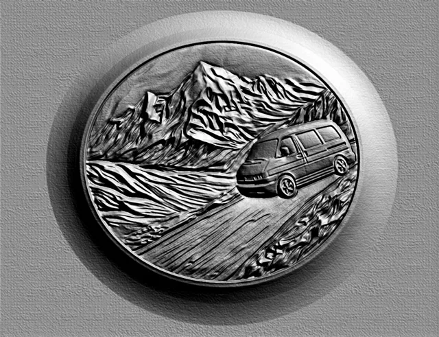 3D model of a bas-relief with a van on a mountain road, against a backdrop of majestic mountains.