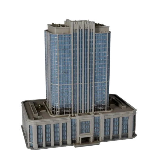 Art Deco Skyscraper realistic 3D model, three-quarter exterior view, showing commercial office building materials and archite