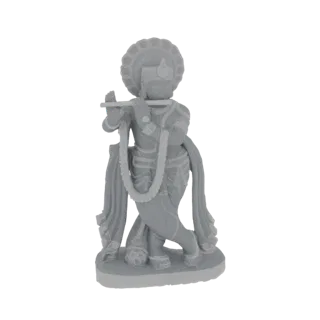 3D-Modell von Lord Krishna, der in einer anmutigen Pose steht und eine Flöte spielt, mit Heiligenschein und Blumengirlande.