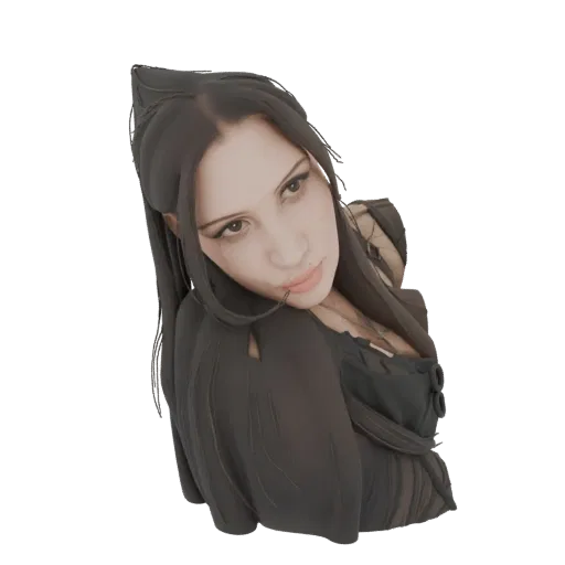 Render de modelo 3D de Hechicera Gótica con cabello largo y oscuro y atuendo oscuro intrincado, en pose misteriosa.