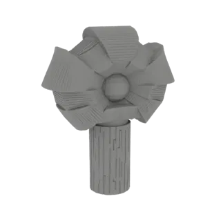 3D model of a stylized lamp with a geometric flower bloom and a textured cylindrical base, presented in a monochromatic rende