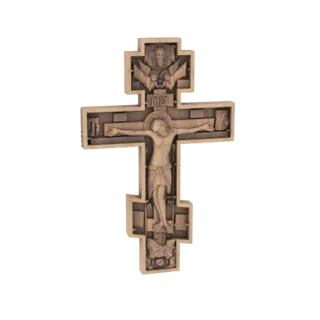 3D-Modell eines orthodoxen Kruzifix mit detaillierten Gravuren von Jesus Christus und Engeln, mit holzähnlicher Textur.