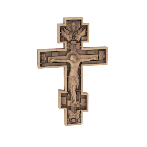 3D model of an Orthodox crucifix with detailed engravings of Jesus Christ and angels, rendered in a wood-like texture.