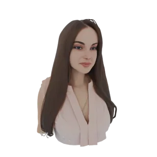 Modelo 3D de una mujer elegante con cabello largo y castaño, vistiendo una blusa rosa, sobre un fondo blanco.