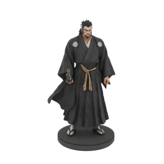 3D model of a samurai warrior in a dark kimono, holding a katana, standing on a circular base.