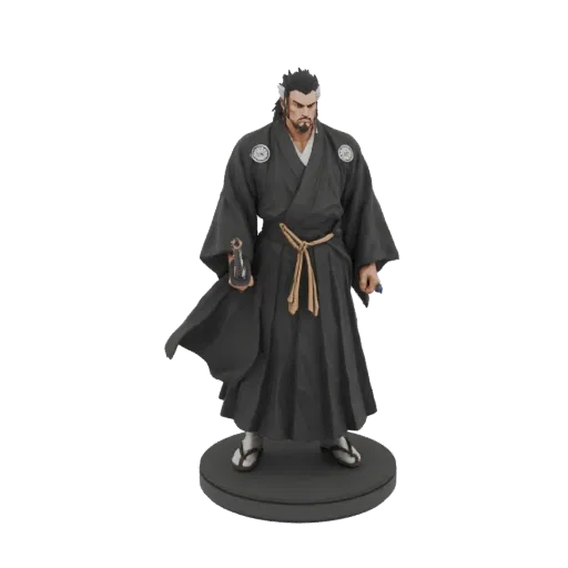 3D model of a samurai warrior in a dark kimono, holding a katana, standing on a circular base.