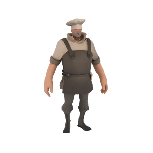 Modelo 3D de un personaje chef con gorro de chef blanco y delantal gris, de pie con las manos a los lados.