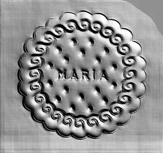 3D model of Maria cookie bas-relief with wavy edge and central inscription, rendered in silver.