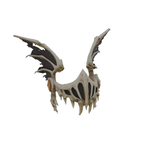 Modèle 3D d'un masque de crâne de dragon d'os blanc avec des ailes squelettiques déchiquetées, vu de face droite.