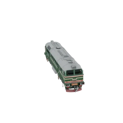3D model of a green and grey M62 diesel locomotive, viewed from a slightly elevated front-right angle.