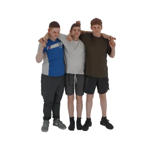3D model of three young men standing together with arms around each other, posing for a photo.