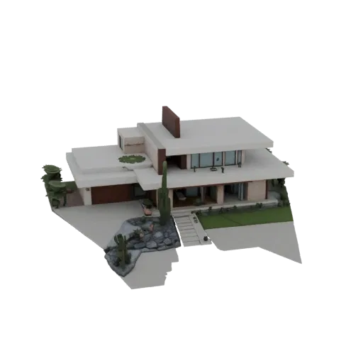 3D render of a modern desert house with a flat roof, large windows, and xeriscaped garden featuring cacti.
