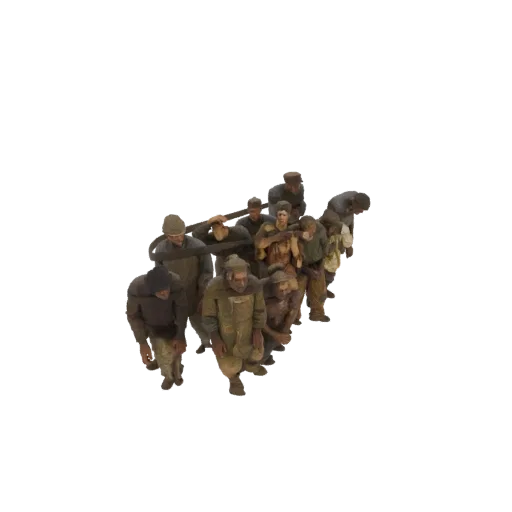 3D model of a group of diverse figures, appearing to be laborers, carrying a large wooden log together.