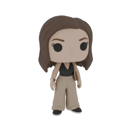 3D model of a chic casual woman in Funko Pop style, wearing a black top and beige pants, holding a small bag.