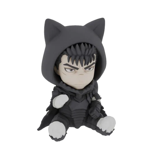 3D model of a chibi Guts from Berserk sitting down, wearing a black hoodie with cat ears and his iconic armor.