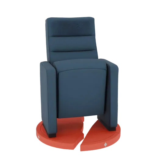 3D-Modell eines modernen blauen Sessels mit segmentiertem orangefarbenem Schwenkfuß, dargestellt vor weißem Hintergrund.