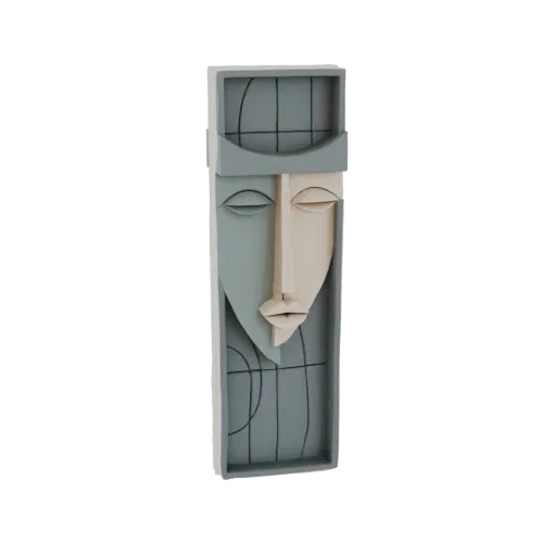 3D model render of an abstract cubist face wall decor with split blue-grey and beige colors, featuring geometric planes and e