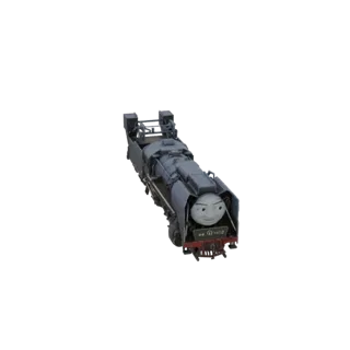 Modèle 3D d'une locomotive à vapeur Gresley Class A4 gris foncé avec un visage amical, vue de face droite.