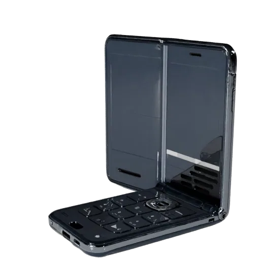 Foldable Retro Mobile Phone 3D model, three-quarter front view, Unity viewport, showing glass screens, form detail.
