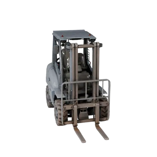 Mining Forklift 3D model, side profile view, technical viewport render, showing painted steel, form detail.