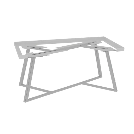 Renderização 3D de uma estrutura geométrica moderna para mesa com pernas angulares de metal e estrutura aberta minimalista.