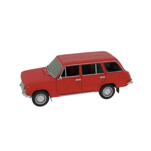 A 3D render of a classic red station wagon with chrome accents, presented on a black background.