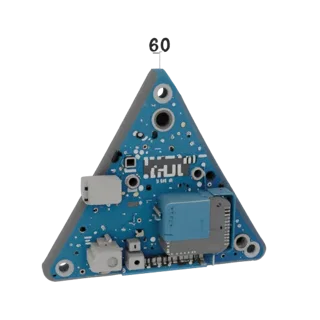 3D-Modell eines dreieckigen Elektronikgehäuses mit Typ-C-Anschluss, Tasten- und Lautsprecheröffnungen
