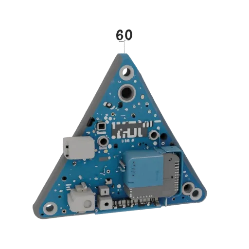 Modelo 3D de caja triangular para electrónica con conector Type-C, orificios para botones y altavoz