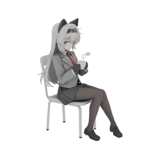 Modello 3D di una ragazza anime con orecchie da gatto, in uniforme scolastica, seduta su una sedia e con in mano una tazza di