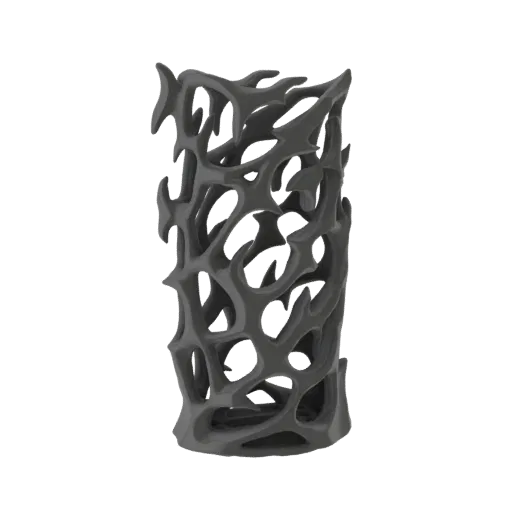 A 3D render of a dark gray, abstract vase with a complex, organic lattice structure against a black background.