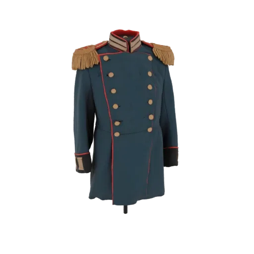 3D model of a 19th-century military uniform jacket with a teal body, red trim, gold buttons, and fringed epaulets.