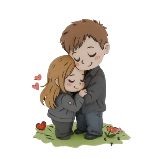 3D model of a cute cartoon couple hugging affectionately, standing on a grassy base with flowers and hearts.