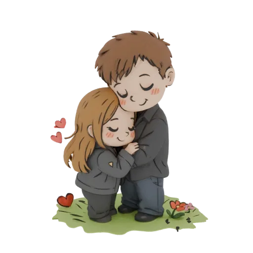 3D model of a cute cartoon couple hugging affectionately, standing on a grassy base with flowers and hearts.