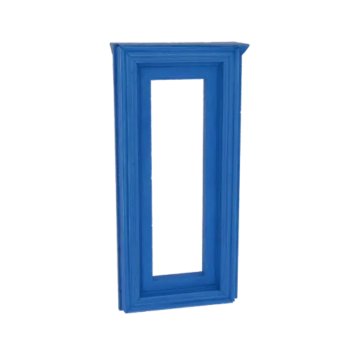 A 3D model of an ornate rectangular window frame painted in a vibrant blue, with detailed molding along the edges.
