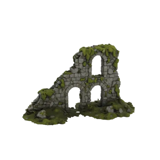 Moss Covered Ruin Wall Printable 3D model, isometric tabletop STL render, showing aged stone, built remnants.