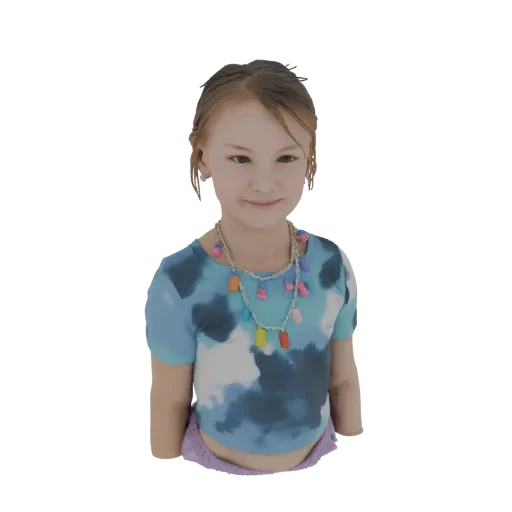 3D model of a young girl with brown hair, wearing a blue tie-dye shirt and a colorful beaded necklace, smiling.