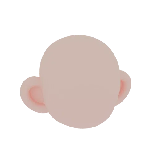 A 3D render of a smooth, stylized baby head with prominent rounded ears, presented against a black background.