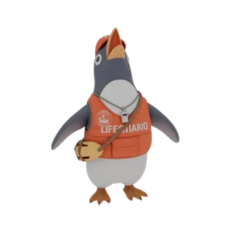 Modelo 3D de um pinguim fofo vestido de salva-vidas, usando um colete laranja e um apito, olhando para cima.