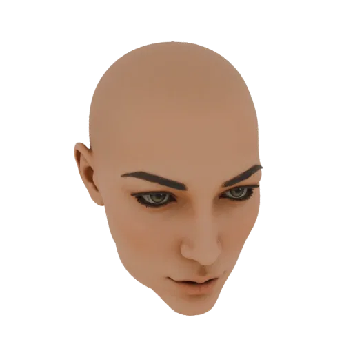 Un rendering 3D realistico di una testa femminile calva con tratti facciali dettagliati e un'espressione neutra.