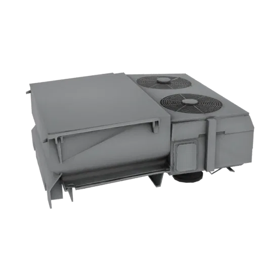 3D model of a commercial HVAC unit with two fans on top, rendered in a neutral gray.