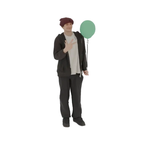 3D model of a young man with a maroon beanie and dark hoodie, holding a green balloon and making a peace sign.