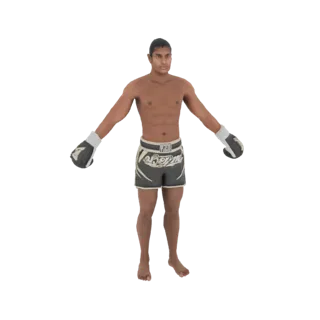 Modelo 3D de um lutador de Muay Thai masculino com luvas de boxe e shorts, em pé com os braços estendidos.