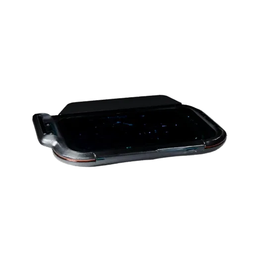 Holographic Data Pad 3D model, three-quarter front view, Unity viewport, showing emissive strips, form detail.