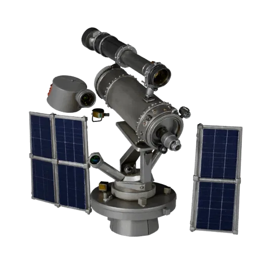 Research Telescope High Poly 3D model, close-up studio render, showing metal tubes, optical alignment.