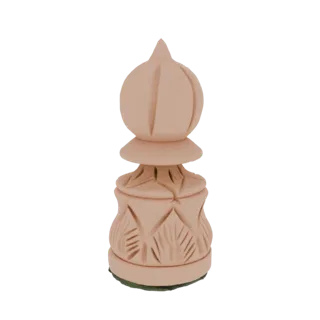 Rendu 3D d'un fou d'échecs sculpté de manière complexe, brun clair, avec un sommet pointu et une base détaillée, sur fond bla
