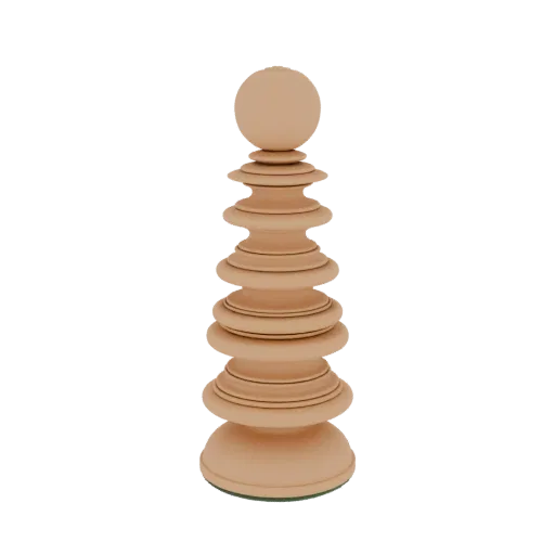 3D render of an ornate chess pawn with layered rings and a spherical top, presented in a light wood-like texture against a wh