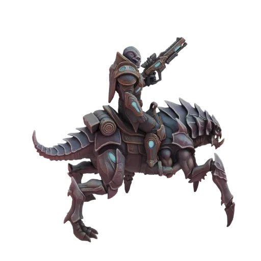 3D model of a grey-skinned alien warrior in dark armor riding a large, dark, insectoid creature with glowing blue accents.