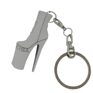 3D model of a silver platform boot keychain charm with a high heel and 'KISA' logo, attached to a keyring.